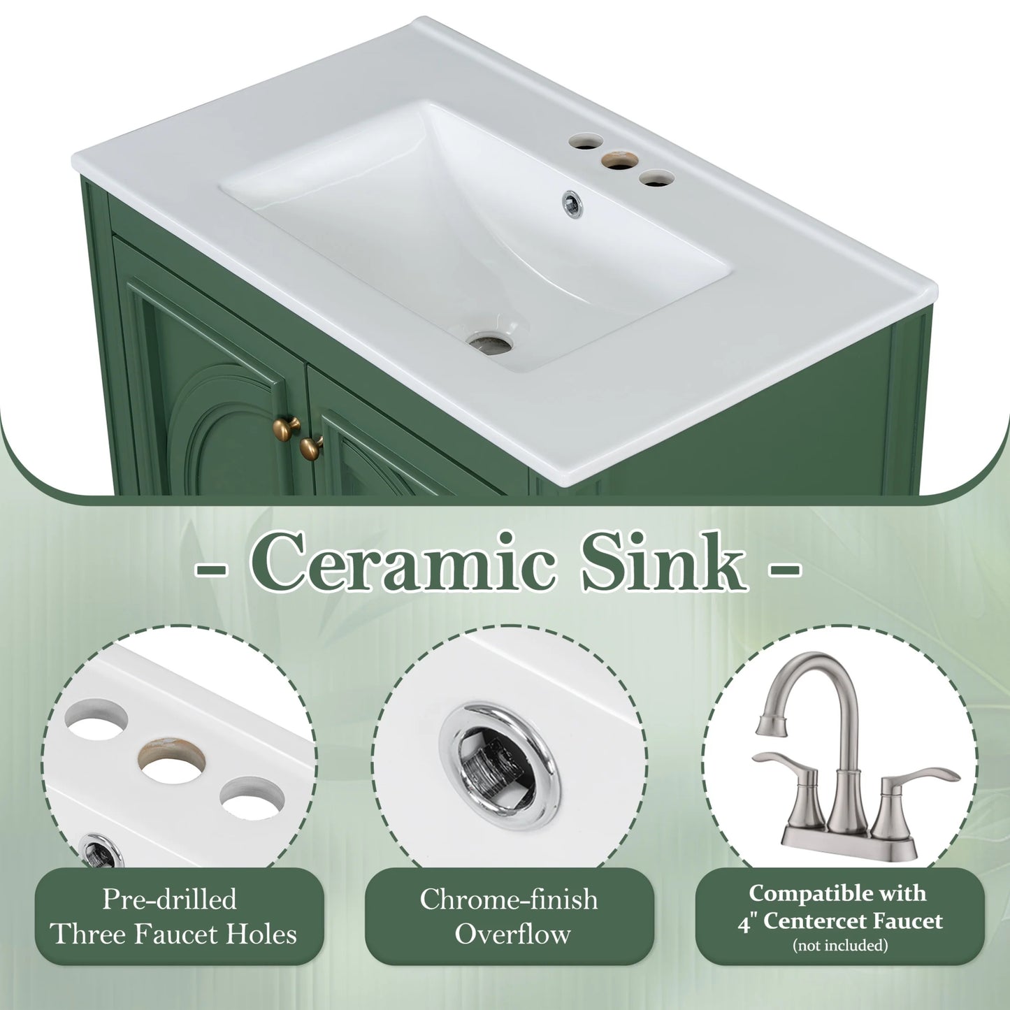 GDF Studio Vintage 30" Bathroom Vanity with Ceramic Sink, Soft-Close Door, and Ample Storage, Green