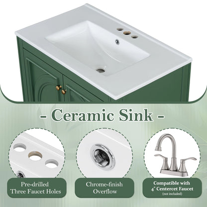 GDF Studio Vintage 30" Bathroom Vanity with Ceramic Sink, Soft-Close Door, and Ample Storage, Green