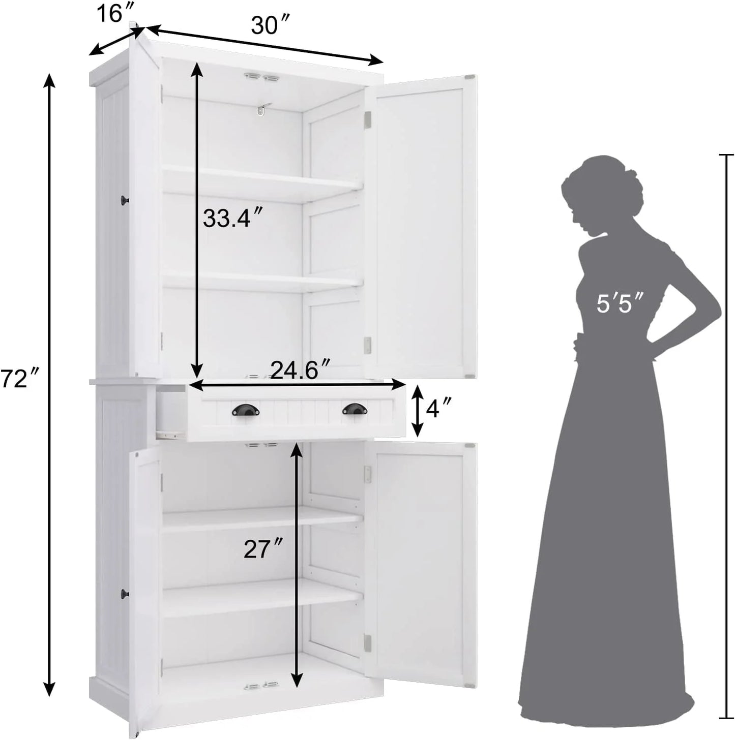 HLR 72 inches Kitchen Pantry Storage Cabinet, Pantry Cabinets with Drawer and Adjustable Shelves, Kitchen Pantry for Bathroom, Livingroom, Dining Room, White
