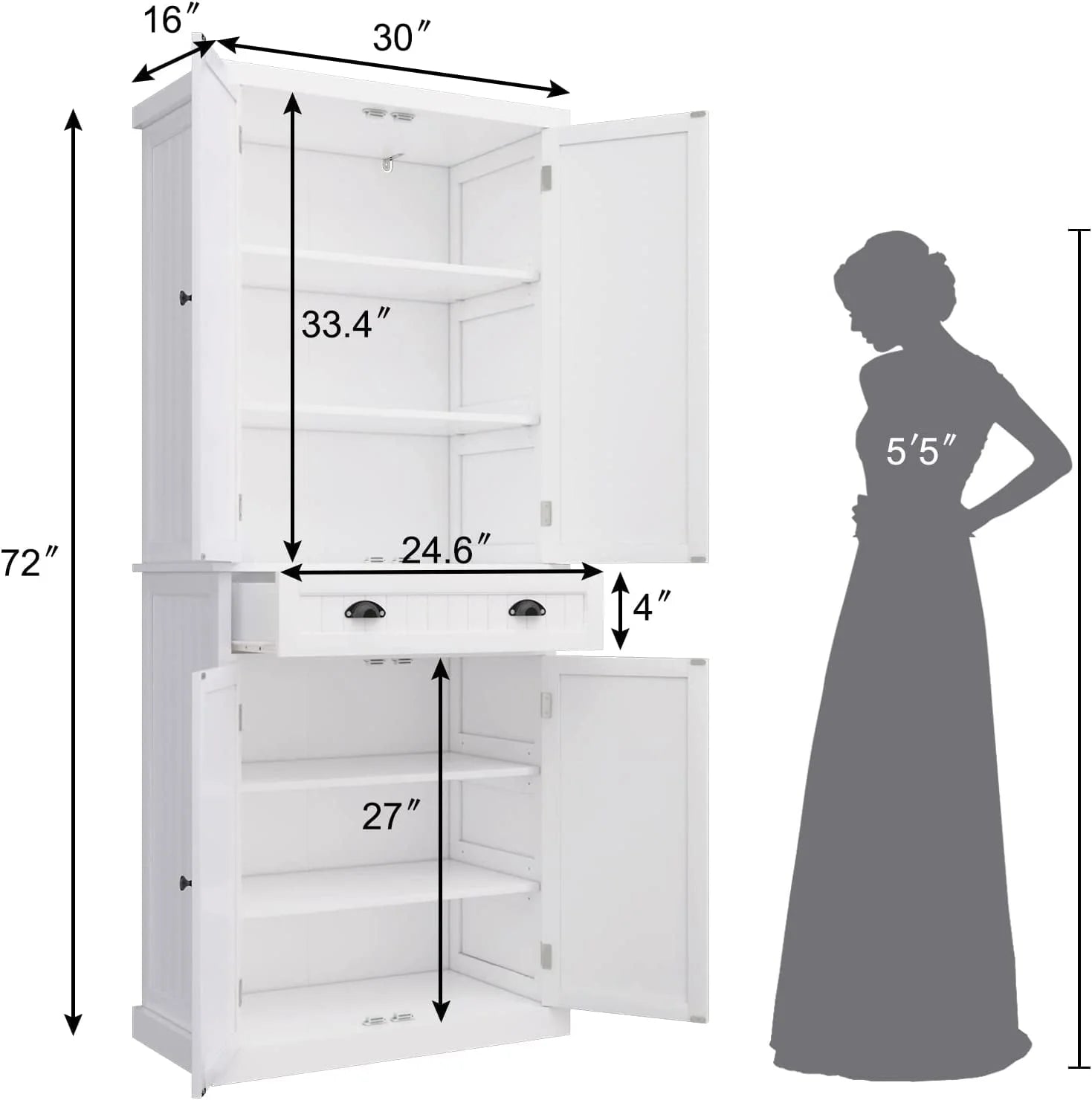 HLR 72 inches Kitchen Pantry Storage Cabinet, Pantry Cabinets with Drawer and Adjustable Shelves, Kitchen Pantry for Bathroom, Livingroom, Dining Room, White