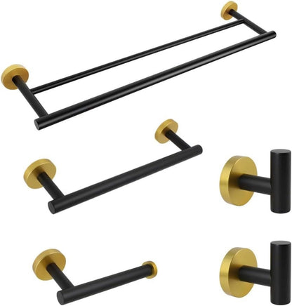 Matte Black Bathroom Accessories Kit 5-Pieces Bathroom Hardware Set Wall Mounted - Includes 24" Double Towel Bar, 12" Hand Towel Bar, Toilet Paper Holder, 2X Robe Towel Hooks …