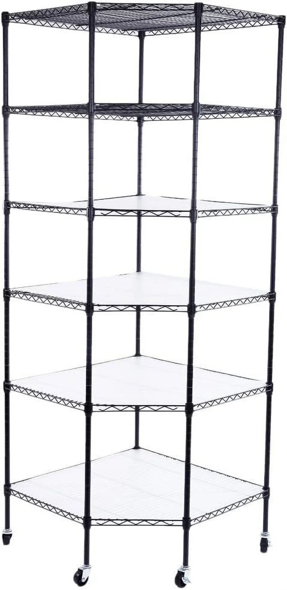 Lovinland Heavy Duty 6-Tier Corner Shelf Stand with Wheels,Adjustable Plastic Storage Wire Shelving Unit Corner Rack Corner Shelving Display for Garage Living Room, Bathroom, Kitchen