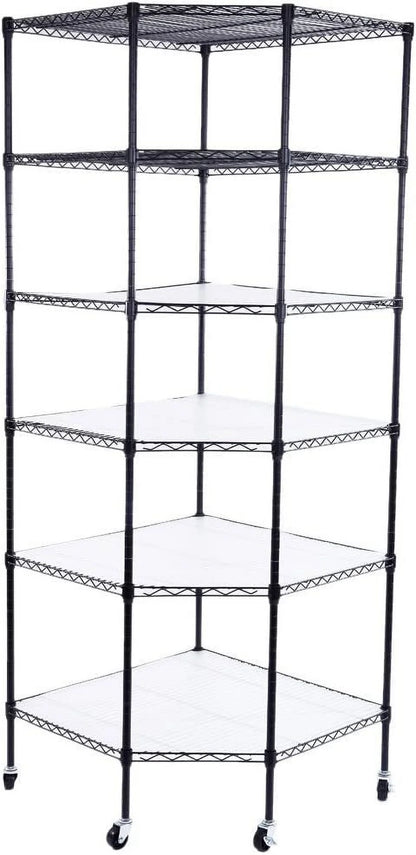 Lovinland Heavy Duty 6-Tier Corner Shelf Stand with Wheels,Adjustable Plastic Storage Wire Shelving Unit Corner Rack Corner Shelving Display for Garage Living Room, Bathroom, Kitchen