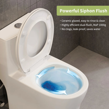 Casta Diva Round Toilet White 1-Piece Toilet for Small Bathrooms, Power Dual Flush and MAP 1000g (Seat Included), 12'' Rough-in