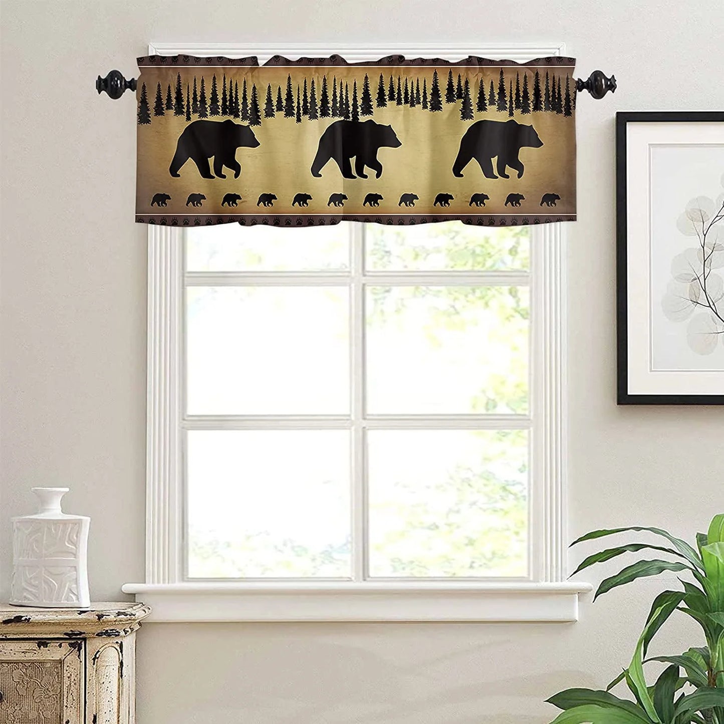 Black Bear Forest Silhouettes Window Valance Curtains, Window Treatment for Kitchen, Bathroom, Bedroom, Vintage Farm Backdrop Rod Pocket Short Curtain 1 Panel, 54x18 in