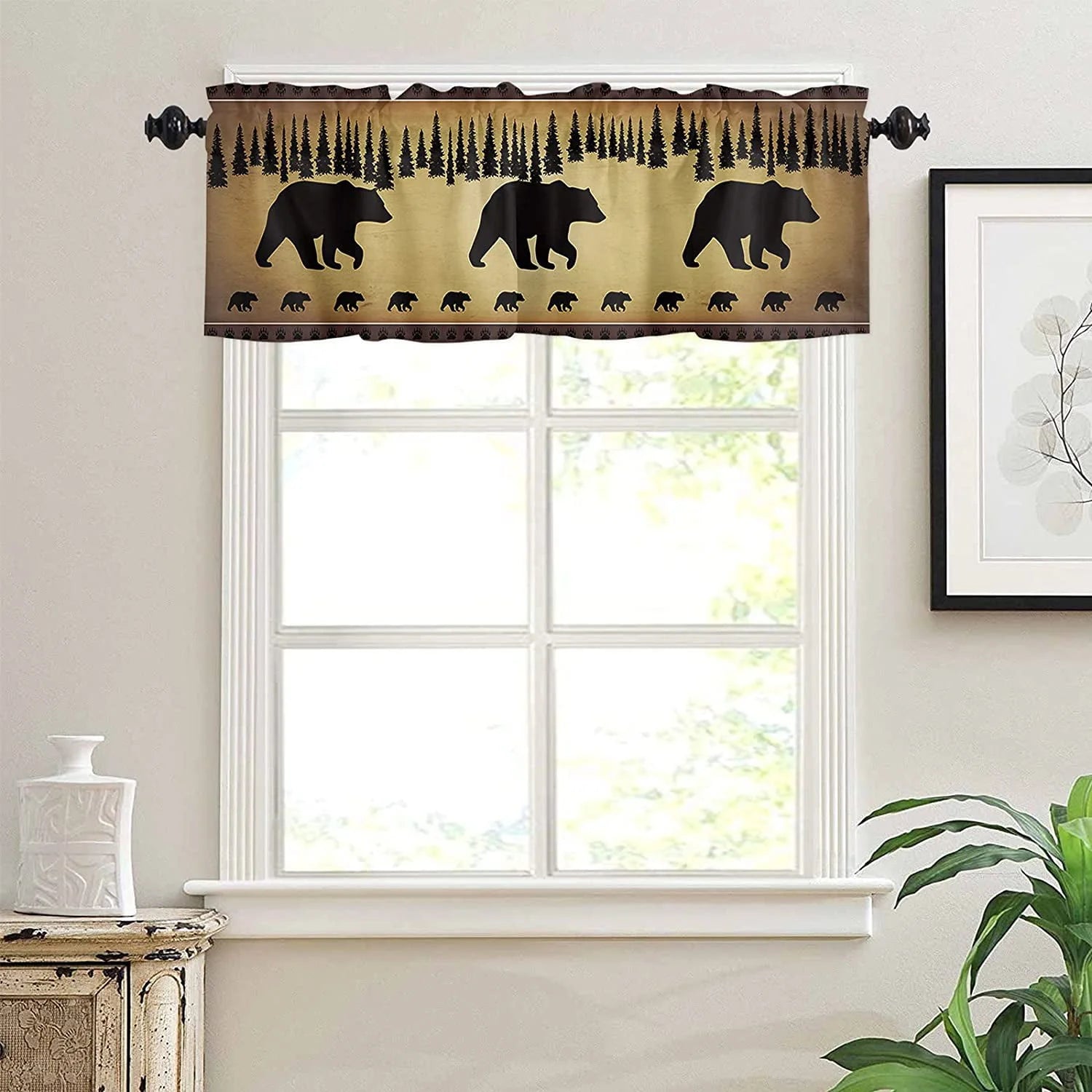 Black Bear Forest Silhouettes Window Valance Curtains, Window Treatment for Kitchen, Bathroom, Bedroom, Vintage Farm Backdrop Rod Pocket Short Curtain 1 Panel, 54x18 in