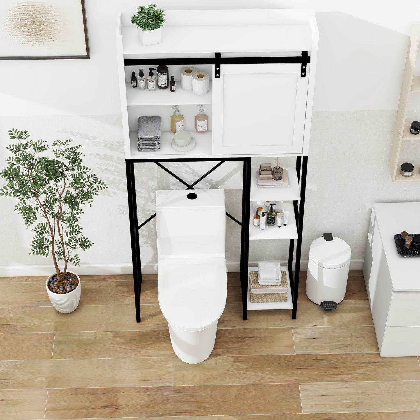 Royard Oaktree Farmhouse Over The Toilet Storage Cabinet, Bathroom Shelves Storage Organizer&nbsp;with Sliding Barn Door, Adjustable Shelves, and Storage Racks, White
