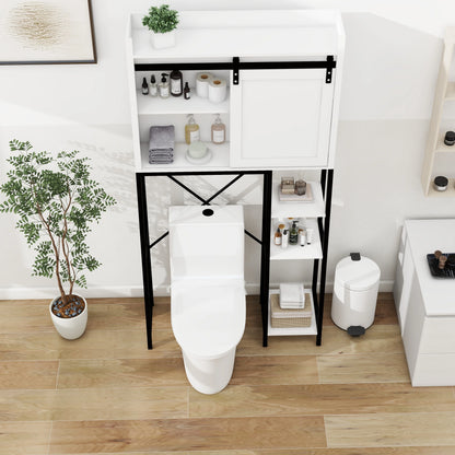 Royard Oaktree Farmhouse Over The Toilet Storage Cabinet, Bathroom Shelves Storage Organizer&nbsp;with Sliding Barn Door, Adjustable Shelves, and Storage Racks, White