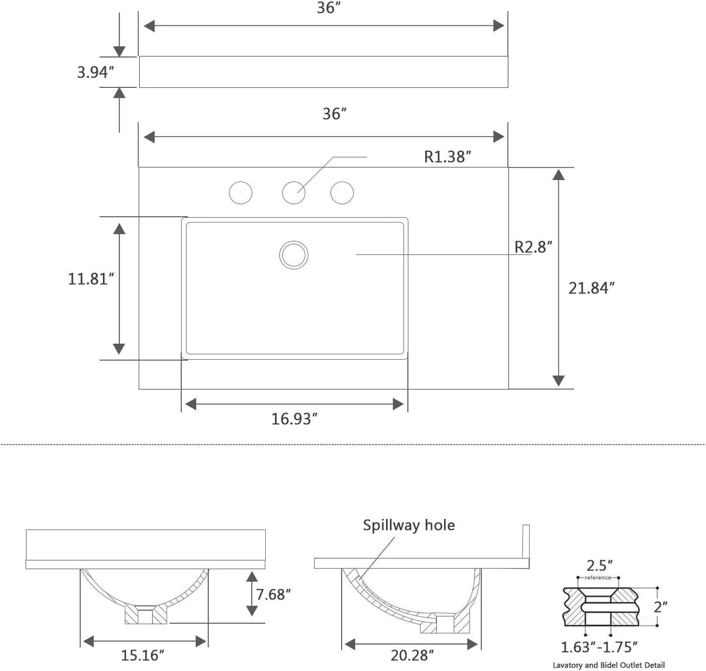 36x22 Engineered Stone Vanity Sink Top, White Bathroom Countertop with Undermount Left Sink, Vanity Top with 8 inch 3 Faucet Hole Spacing and Backsplash