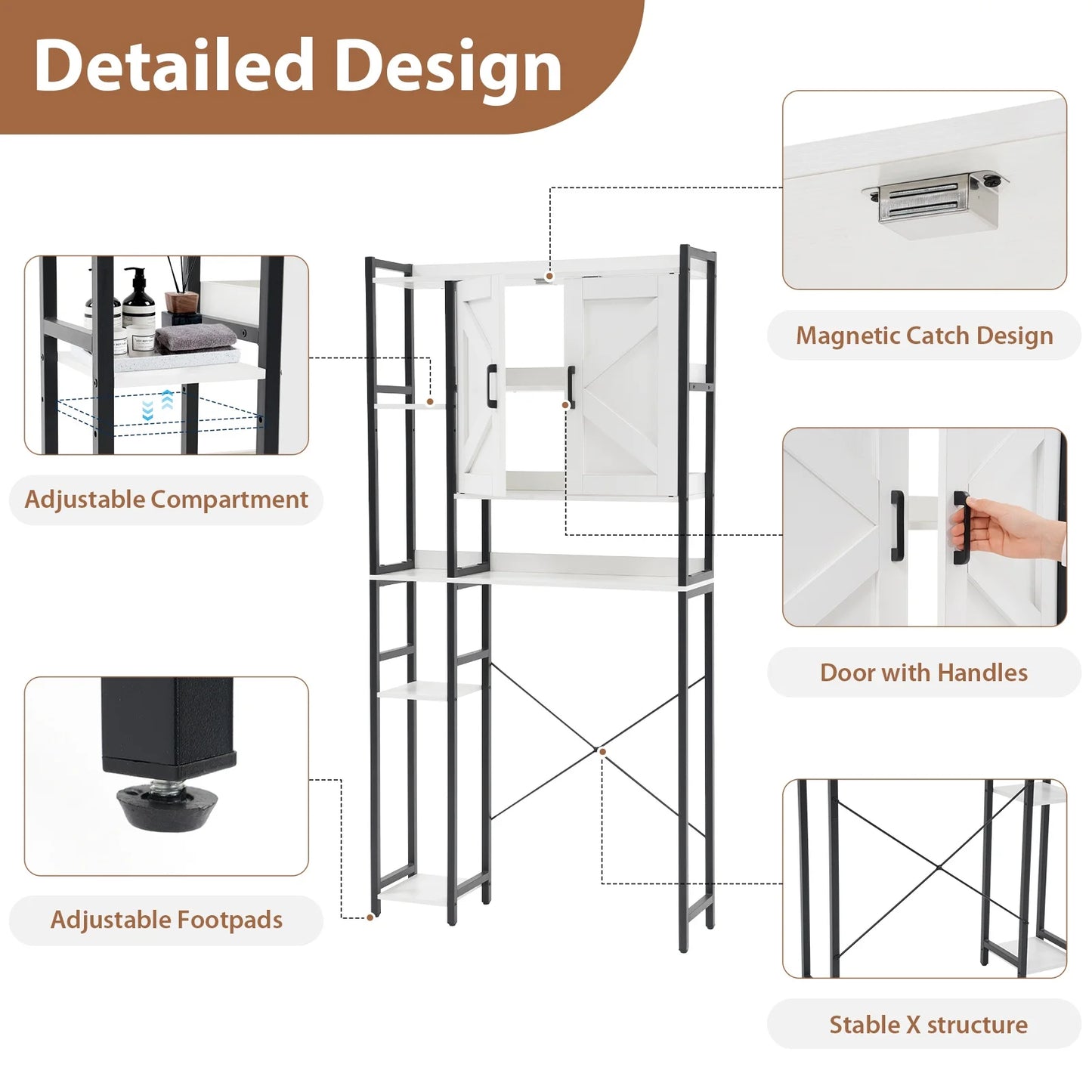 JOIVI Over The Toilet Storage Cabinet, Over Toilet Bathroom Organizer with Adjustable Shelf and Double Doors, Home Space-Saving Toilet Rack, White