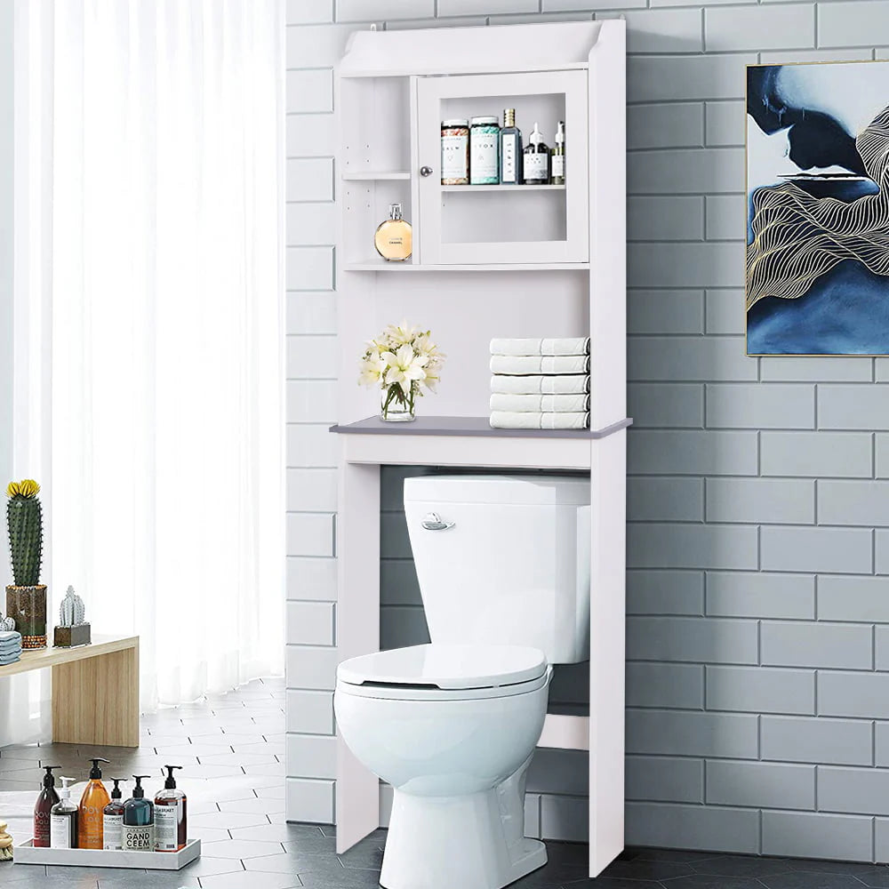 SESSLIFE Bathroom Storage Toilet Space Saver with Shelves and Doors, Modern Over The Toilet Space Saver Organization Wood Storage Cabinet for Home, Bathroom, White