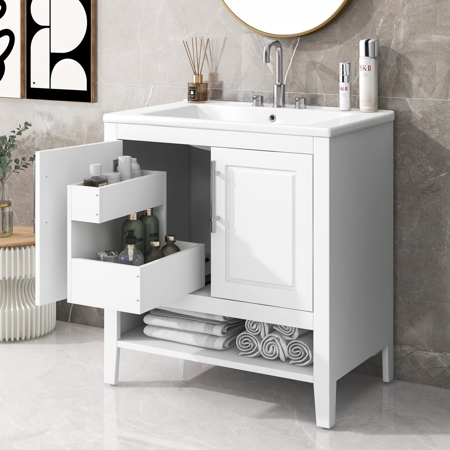 Harper & Bright Designs 30" White Bathroom Vanity with Single Sink, Bathroom Combo Cabinet Undermount Sink with 2 Doors and a Drawer, Soft Closing, Multifunctional Storage, Solid Wood Frame