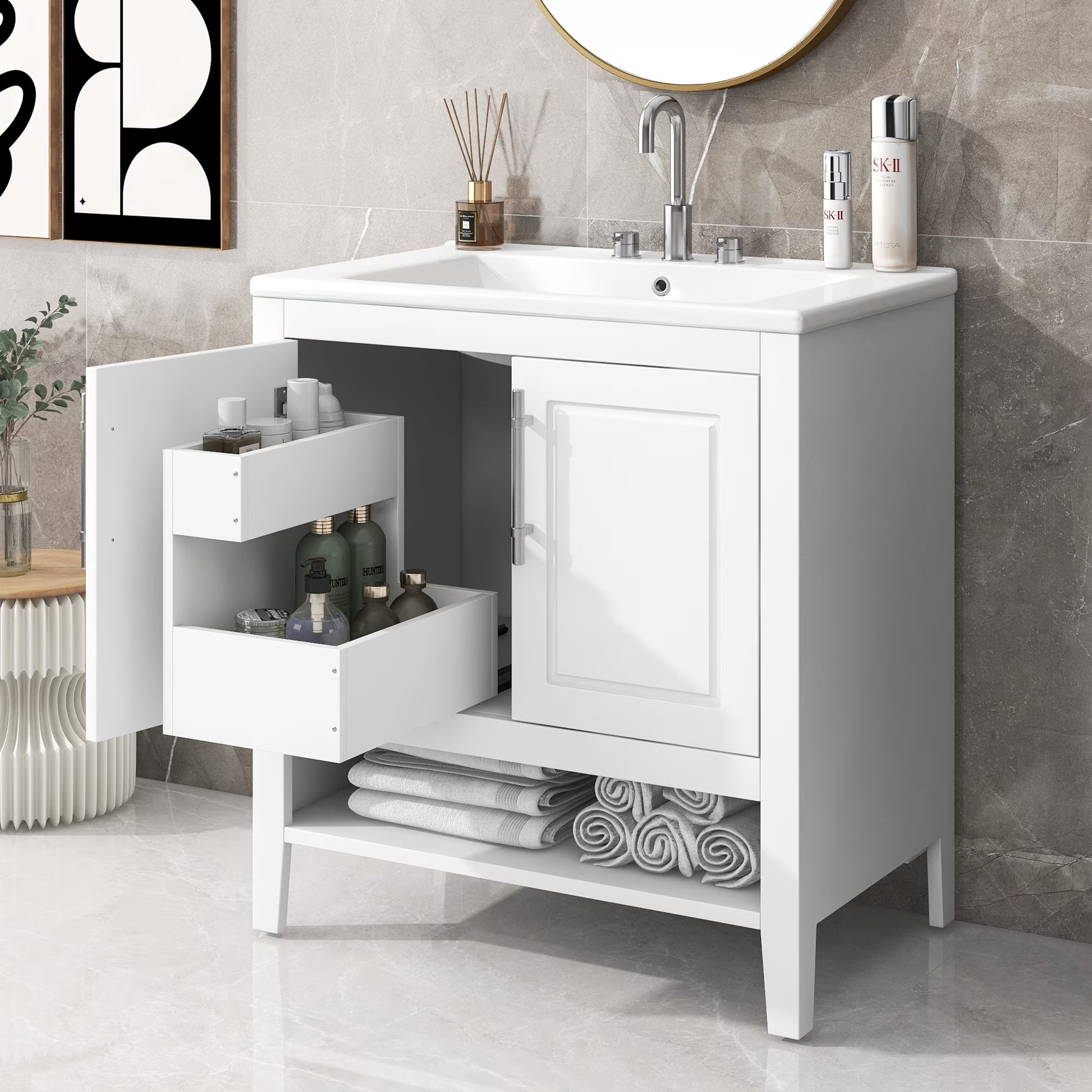 Harper & Bright Designs 30" White Bathroom Vanity with Single Sink, Bathroom Combo Cabinet Undermount Sink with 2 Doors and a Drawer, Soft Closing, Multifunctional Storage, Solid Wood Frame