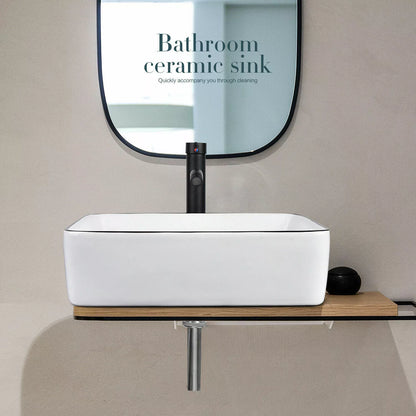 FULLWATT Bathroom Ceramic Sink Vanity Vessel Basin Porcelain Faucet Drain Combo Rectangle,White