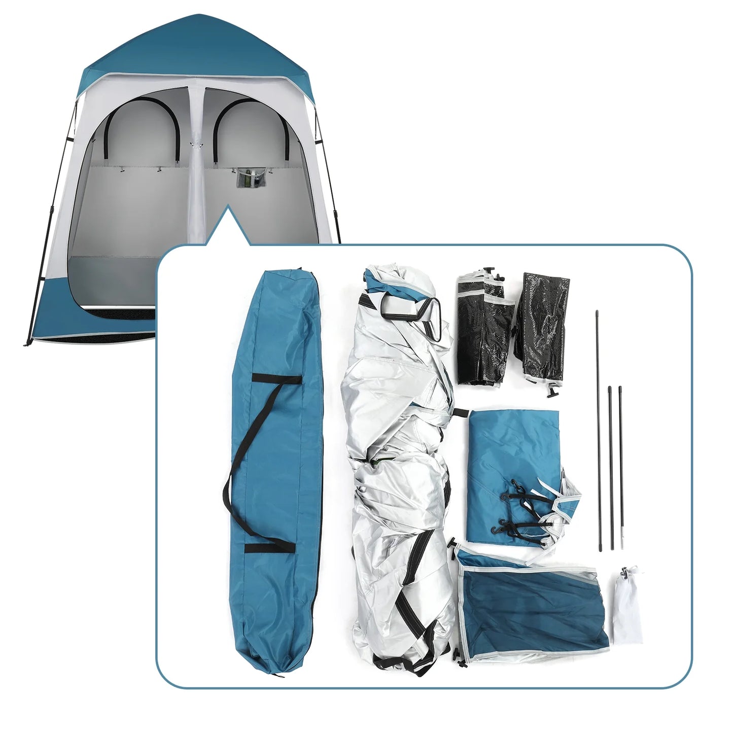 Xilee Shower Tent Camping,2-Room Portable Changing Room, Outdoor Shower Enclosure, Pop Up Privacy Tent Shelter with Floor & Doors, Waterproof & Lightweight, Camping Toilet Bathroom Blue/White