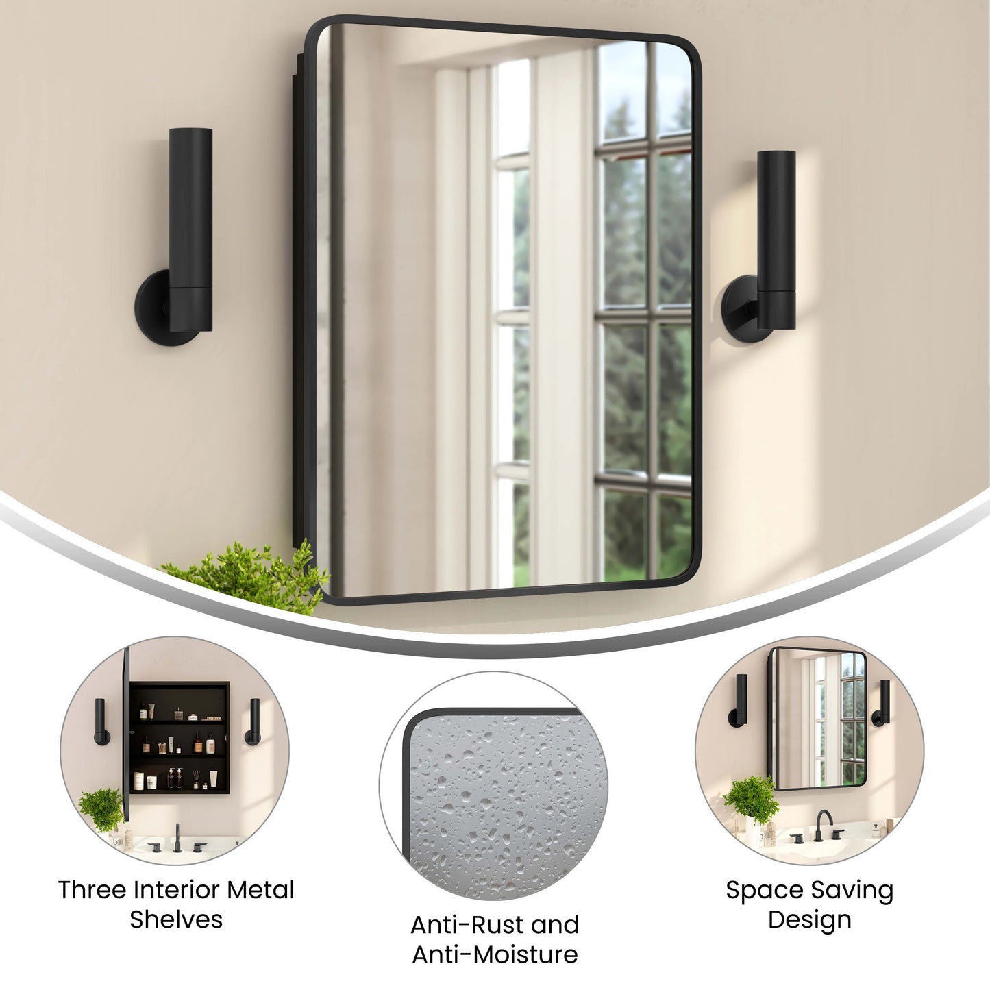 BizChair 24" x 30" Recessed Bathroom Medicine Cabinet with Rounded Beveled Mirror and Reversible Metal Frame in Black