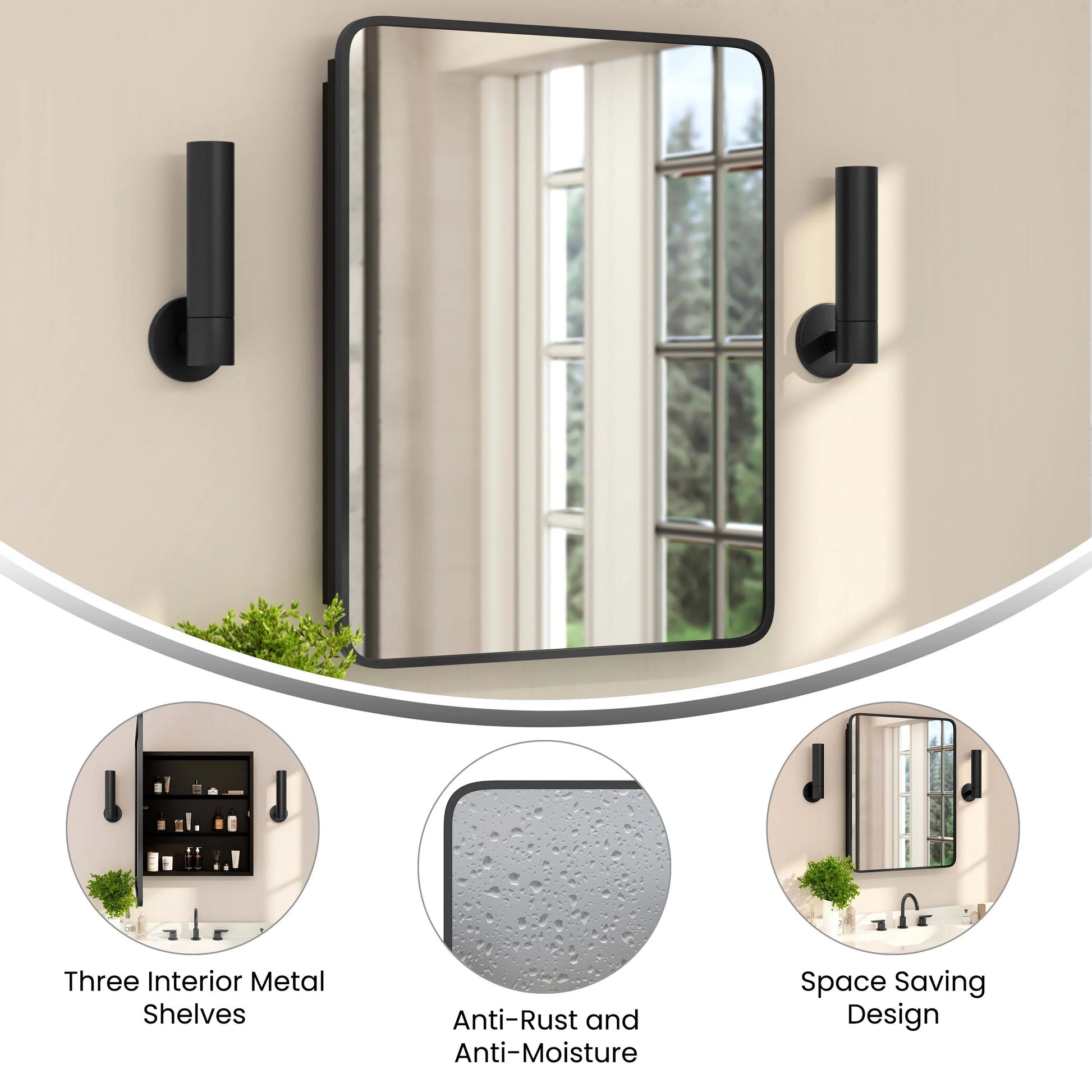 BizChair 24" x 30" Recessed Bathroom Medicine Cabinet with Rounded Beveled Mirror and Reversible Metal Frame in Black
