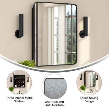 BizChair 24" x 30" Recessed Bathroom Medicine Cabinet with Rounded Beveled Mirror and Reversible Metal Frame in Black