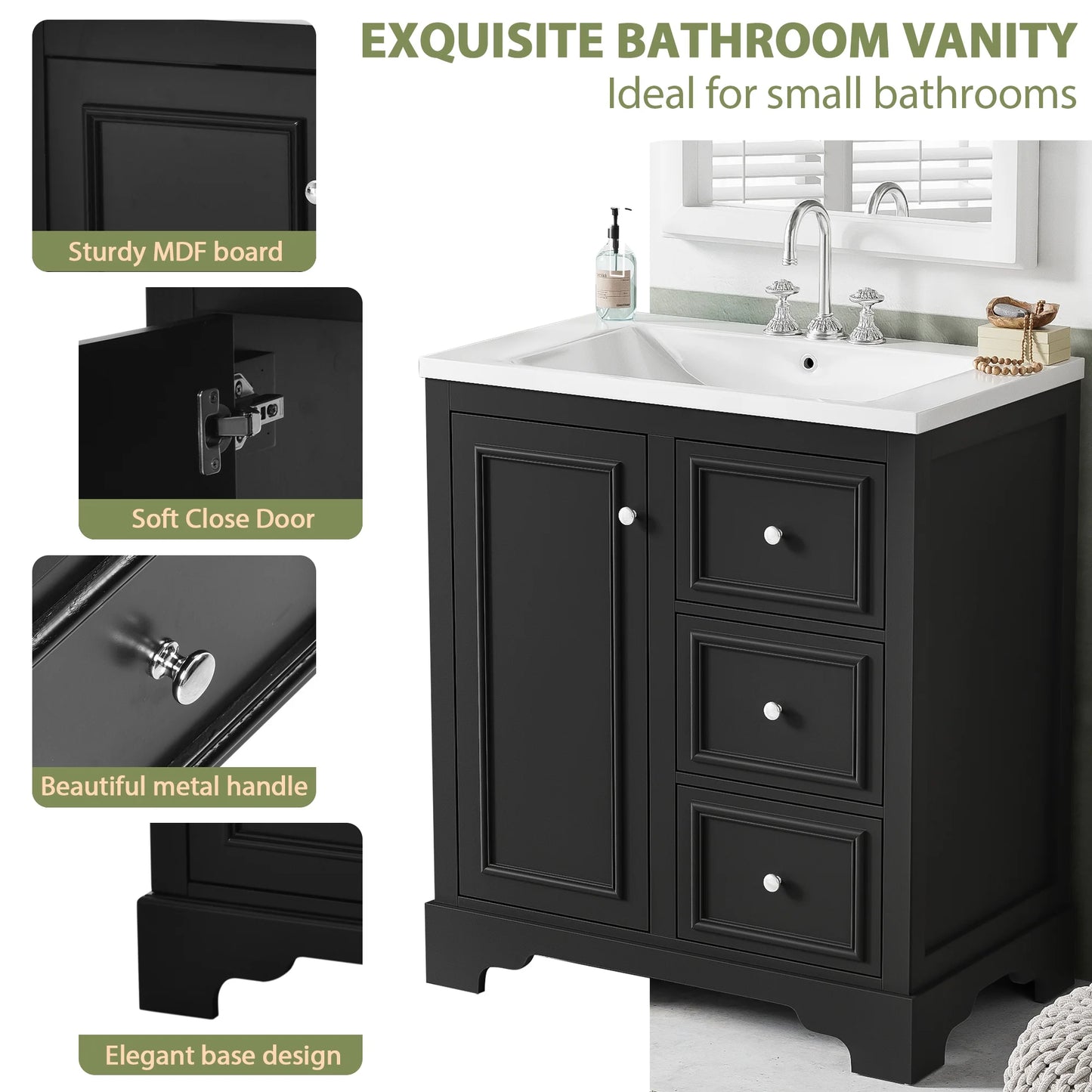 viswild 30" Bathroom Vanity with Ceramic Sink, Soft Close Drawers & Adjustable Shelf, Compact Freestanding Cabinet for Small Spaces, Black