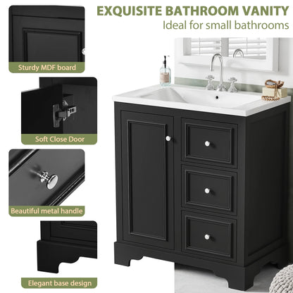 viswild 30" Bathroom Vanity with Ceramic Sink, Soft Close Drawers & Adjustable Shelf, Compact Freestanding Cabinet for Small Spaces, Black