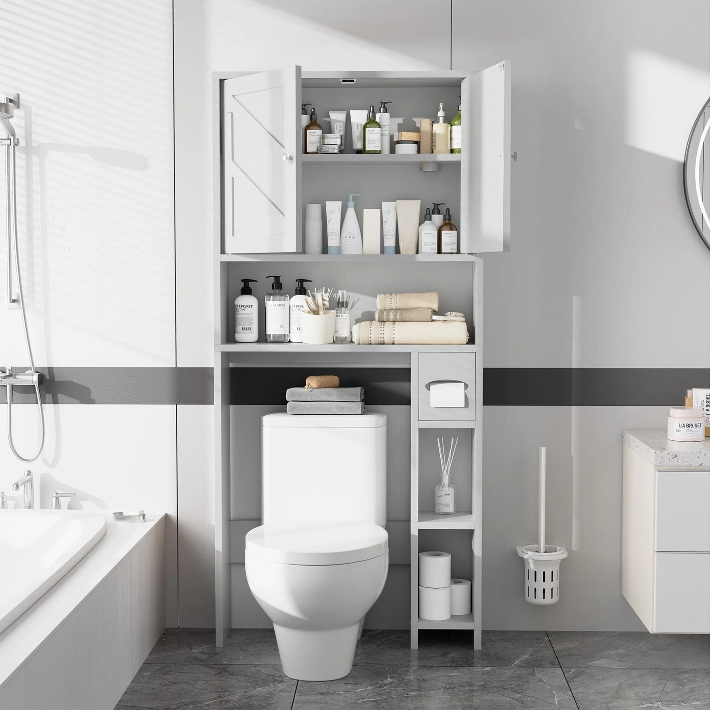 Walsunny Over the Toilet Storage Cabinet with Doors Side Storage Toilet Paper Holder Stand Space Saver Shelf Organizer Rack Freestanding for Restroom Bathroom Laundry Gray