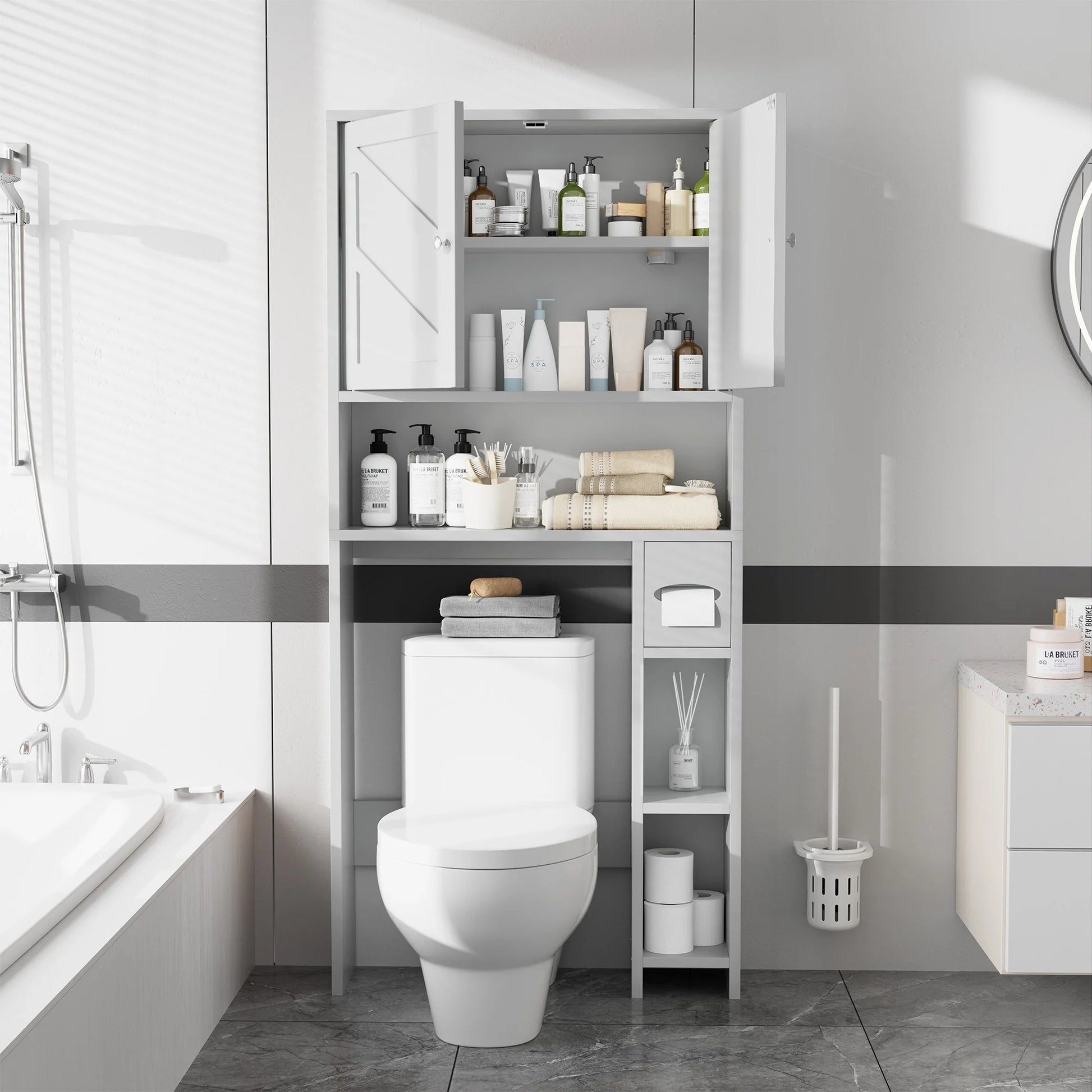 Walsunny Over the Toilet Storage Cabinet with Doors Side Storage Toilet Paper Holder Stand Space Saver Shelf Organizer Rack Freestanding for Restroom Bathroom Laundry Gray