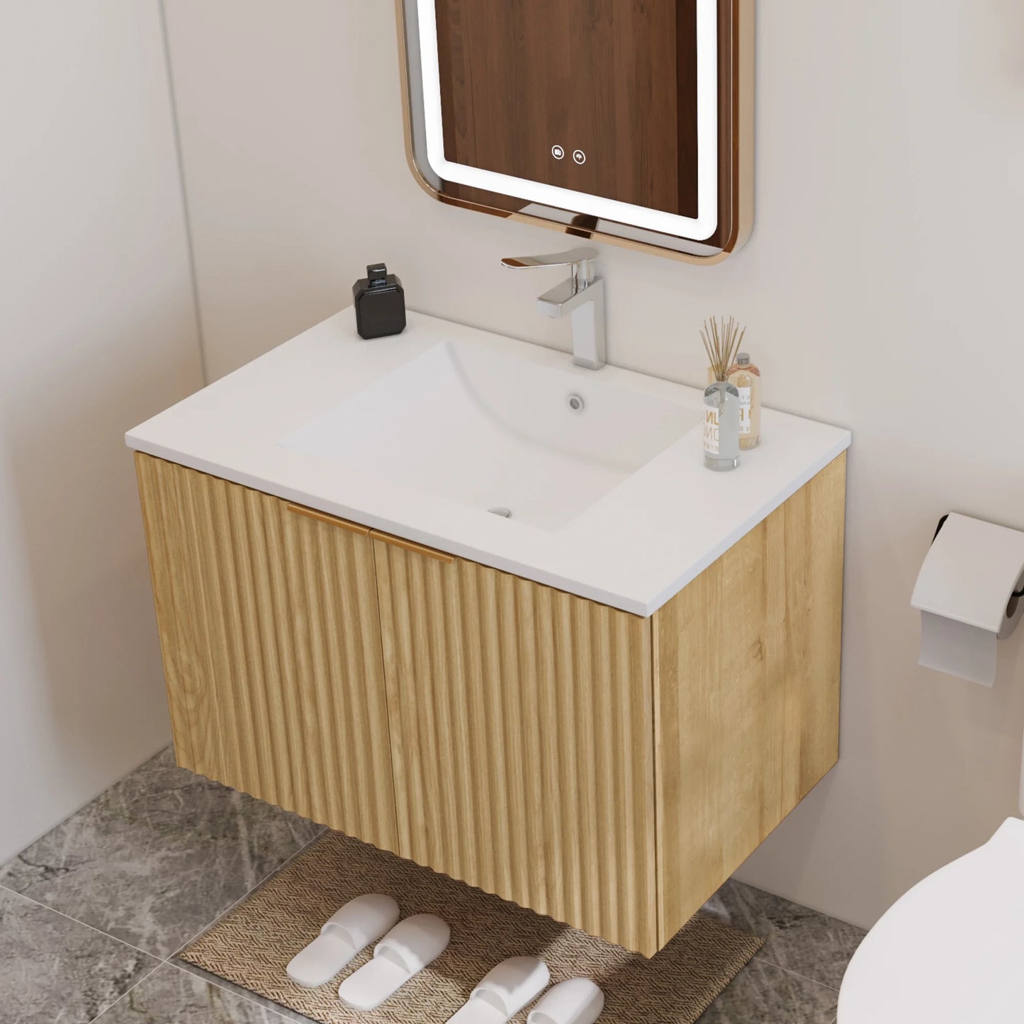 Modern Bathroom Vanity with Wavy Textured Doors - Wall Mounted Floating Cabinet, Soft-Close Waterproof Storage for Small Bathroom, Easy Install (Nature with Sink, 30)