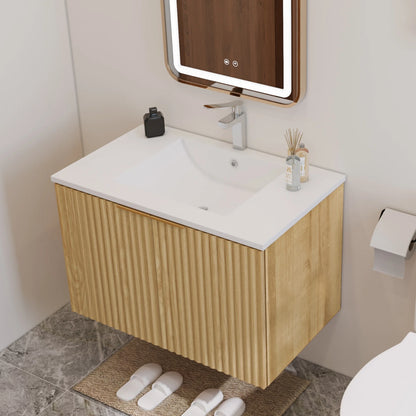 Modern Bathroom Vanity with Wavy Textured Doors - Wall Mounted Floating Cabinet, Soft-Close Waterproof Storage for Small Bathroom, Easy Install (Nature with Sink, 30)