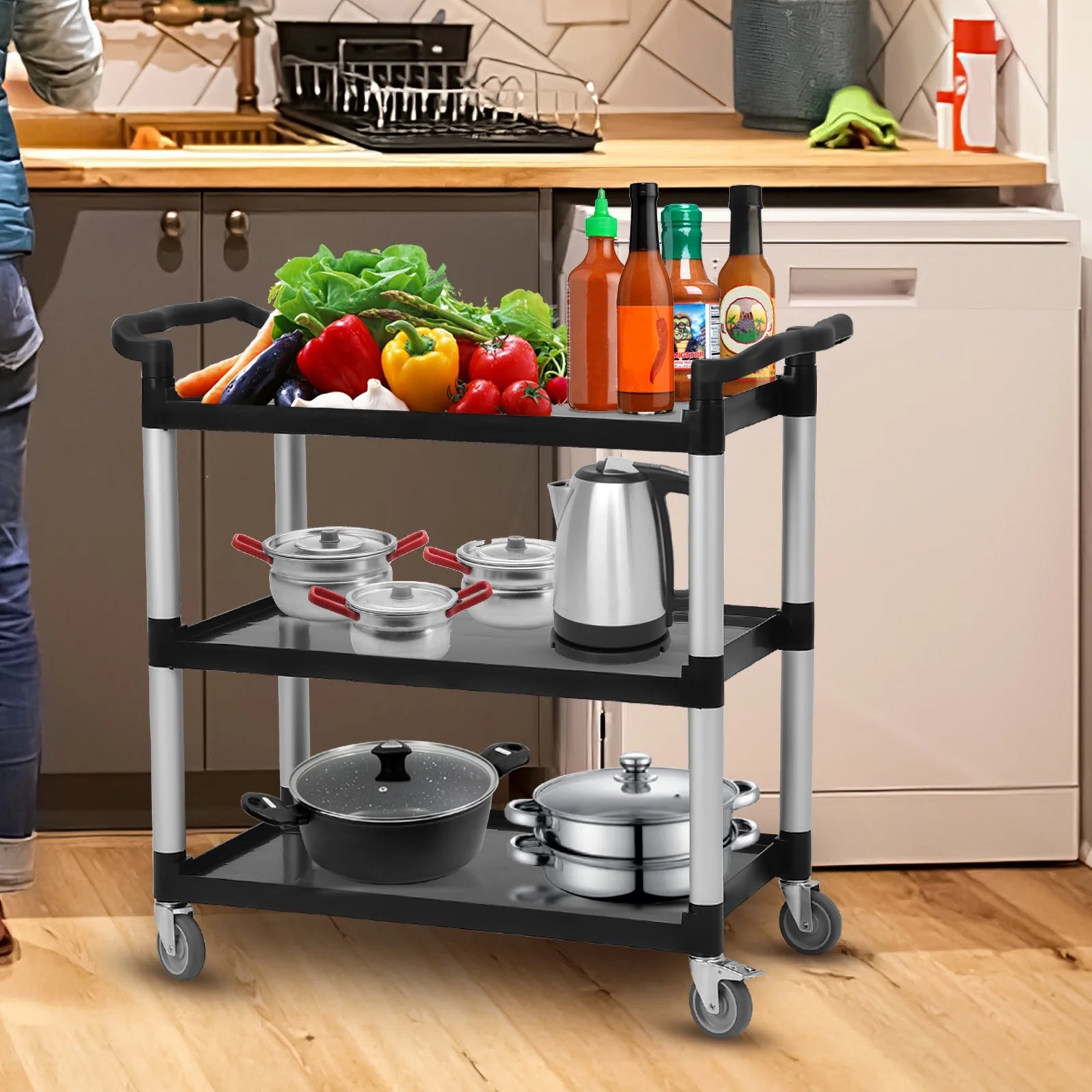 Utility Cart with Lockable Wheels,3-Tier Rolling Cart,360 lb Capacity Heavy Duty Cart for Warehouse,Kitchen,Office,Restaurant,Bathroom,Black