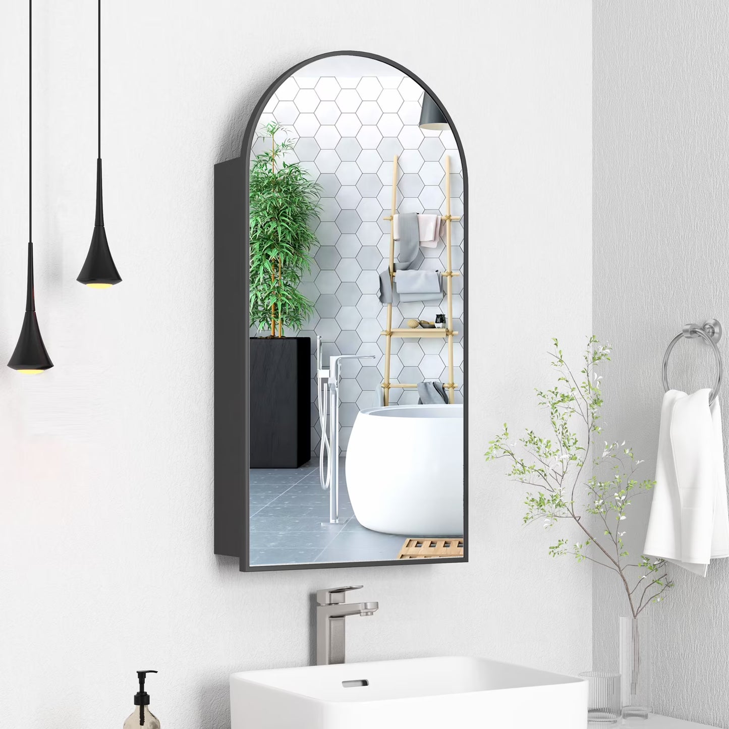 FKWin Arched Bathroom Medicine Cabinet with Mirror - Aluminum Framed Bathroom Mirror with Storage, Black Mirrored Medicine Cabinet, Wall Surface Mounted, 31.4"H x 15.7"W x 3.9"D