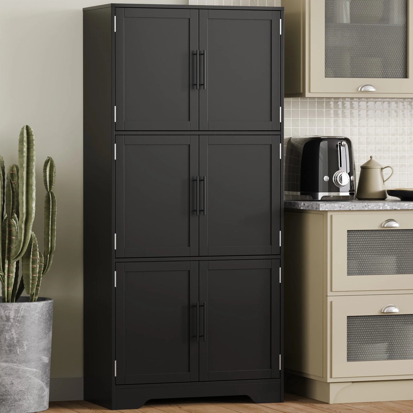 Cozy Castle 68.5" Kitchen Pantry Storage Cabinet with 6 Doors and 3 Shelves Tall Food Pantry Cabinet 4-Tier White Cabinet for Kitchen Living Room Dining Room Bathroom
