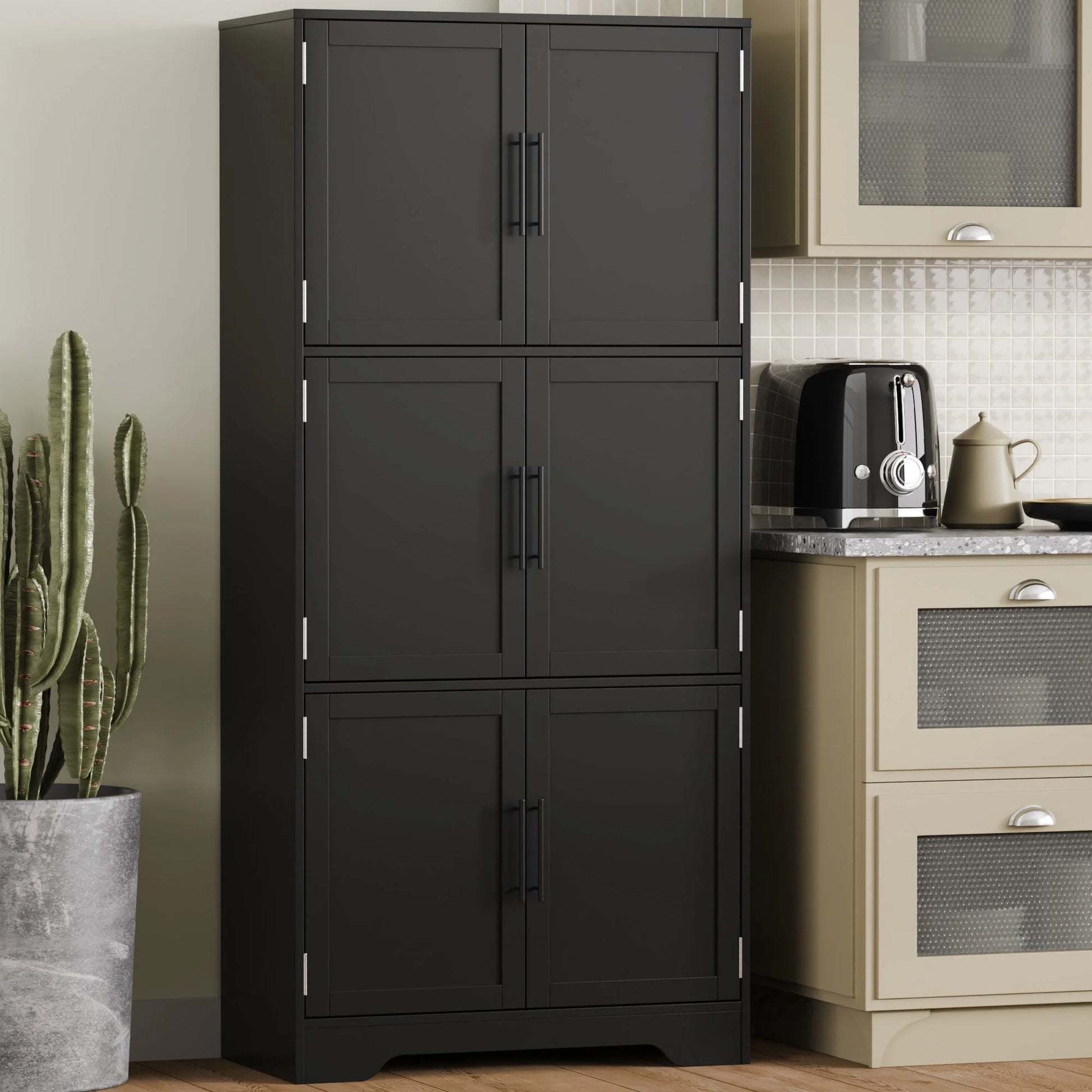 Cozy Castle 68.5" Kitchen Pantry Storage Cabinet with 6 Doors and 3 Shelves Tall Food Pantry Cabinet 4-Tier White Cabinet for Kitchen Living Room Dining Room Bathroom