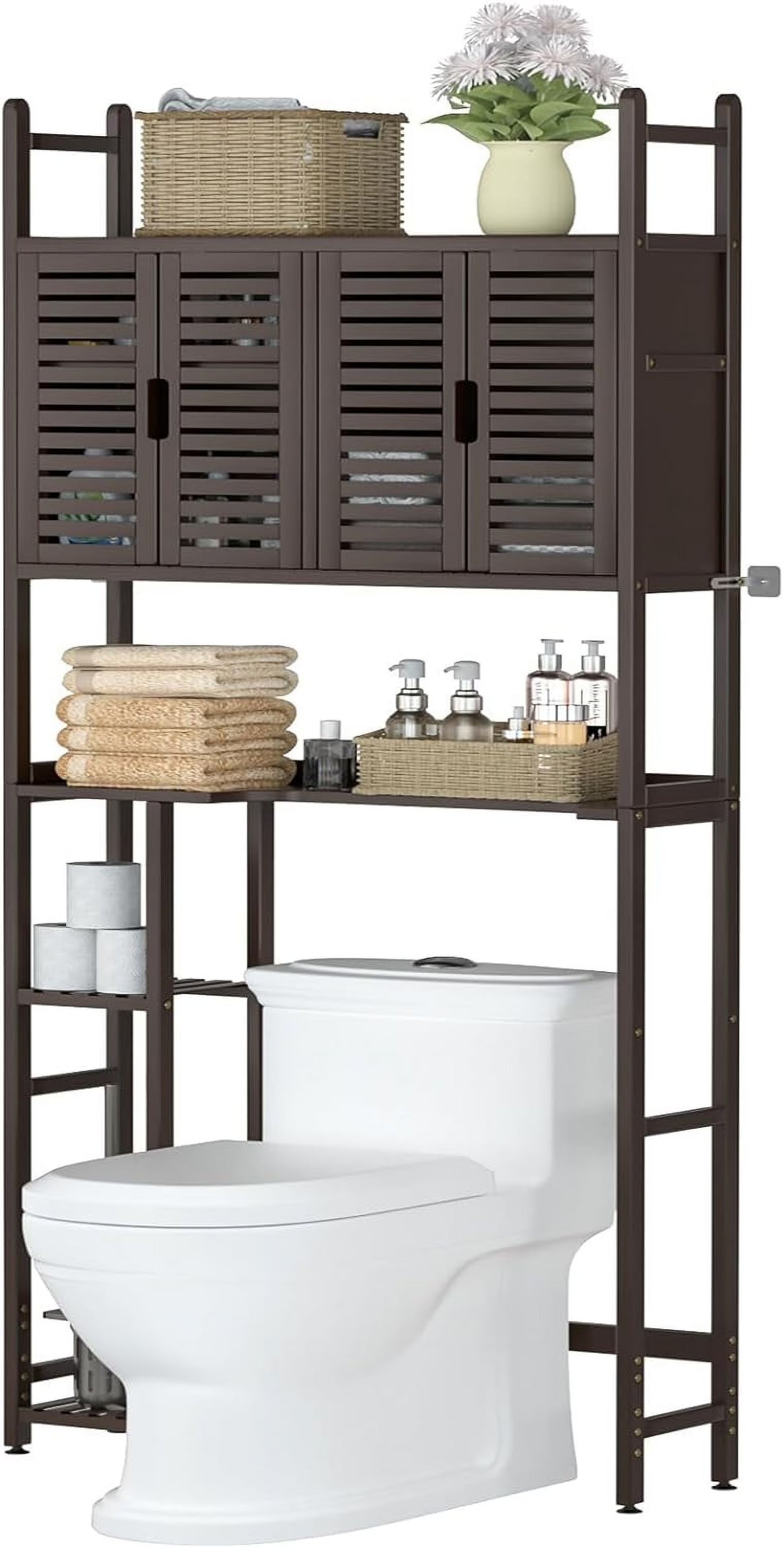 Over The Toilet Storage Cabinet with Paper Holder Stand,Bamboo Bathroom Organizer Shelf with Four Door and Waterproof Feet Pad,Space Saver Rack with Anti-Tip Design (Brown)