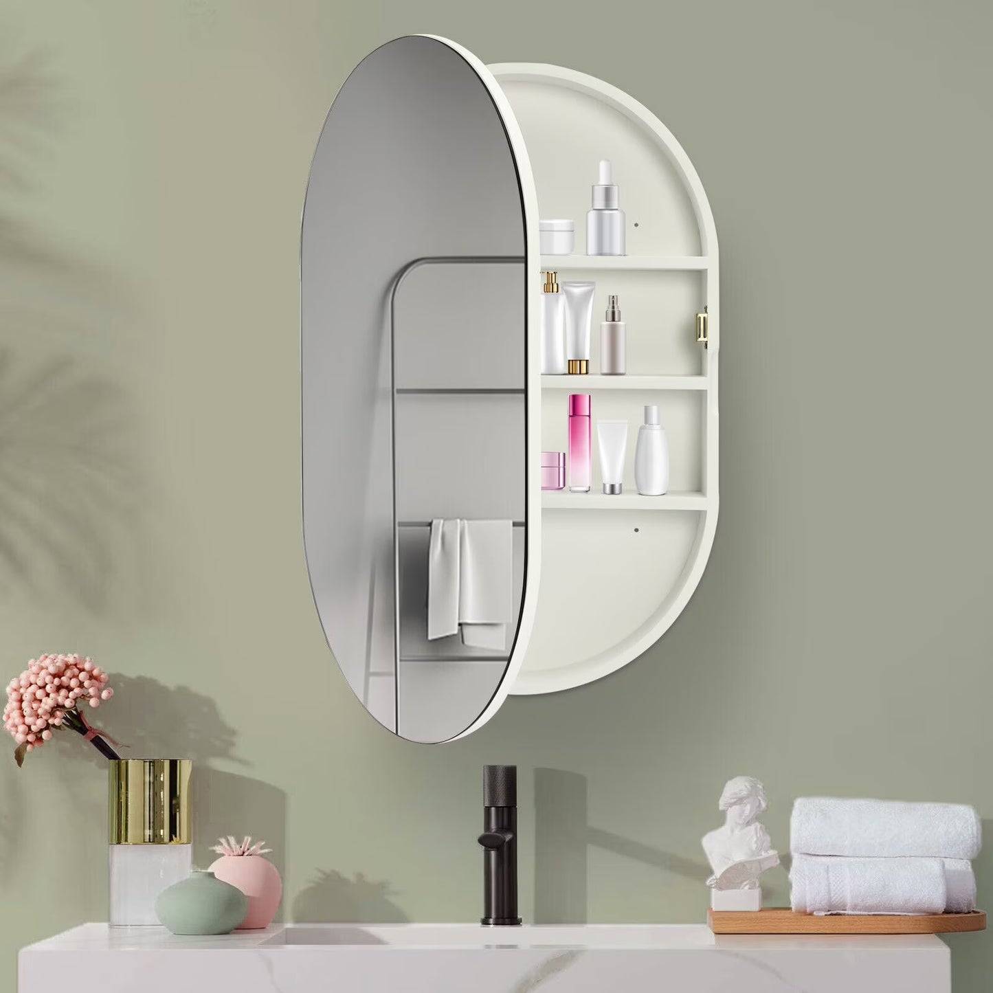 Fichiouy Bathroom Mirror Cabinet Oval Wall Mounted Cabinet Storage Cabinet with Mirror for Bathroom 19.76" x 30.82"