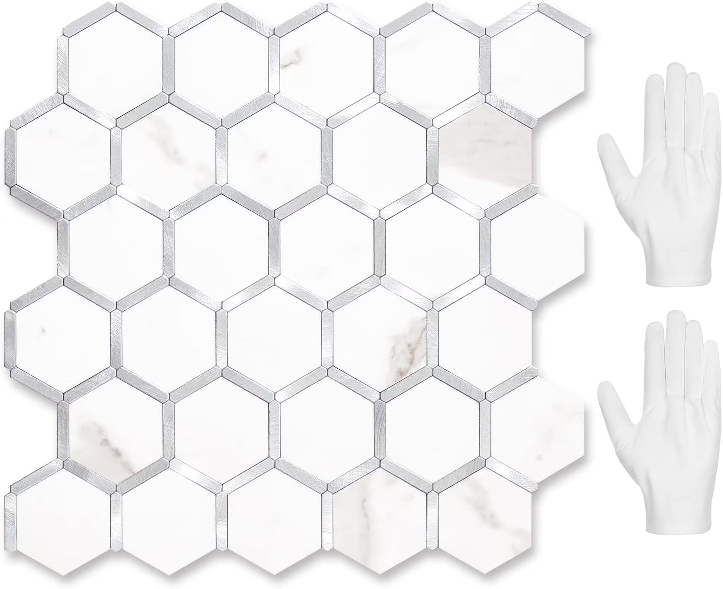 Hexagon Peel and Stick on Backsplash for Kitchen and Bathroom, White Marble Look PVC Mixed Metal Gold Self Adhesive Metal Mosaic Tiles(10 Sheets, Seamless)
