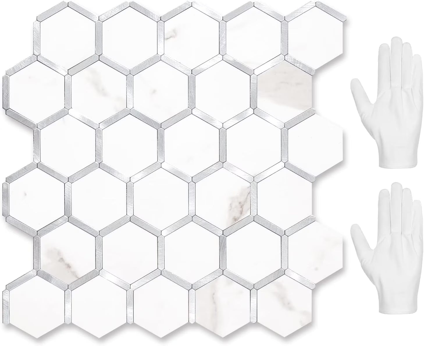 Hexagon Peel and Stick on Backsplash for Kitchen and Bathroom, White Marble Look PVC Mixed Metal Gold Self Adhesive Metal Mosaic Tiles(10 Sheets, Seamless)