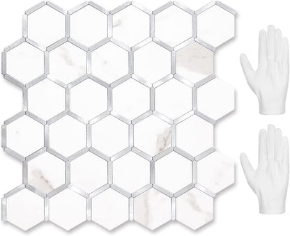 Hexagon Peel and Stick on Backsplash for Kitchen and Bathroom, White Marble Look PVC Mixed Metal Gold Self Adhesive Metal Mosaic Tiles(10 Sheets, Seamless)
