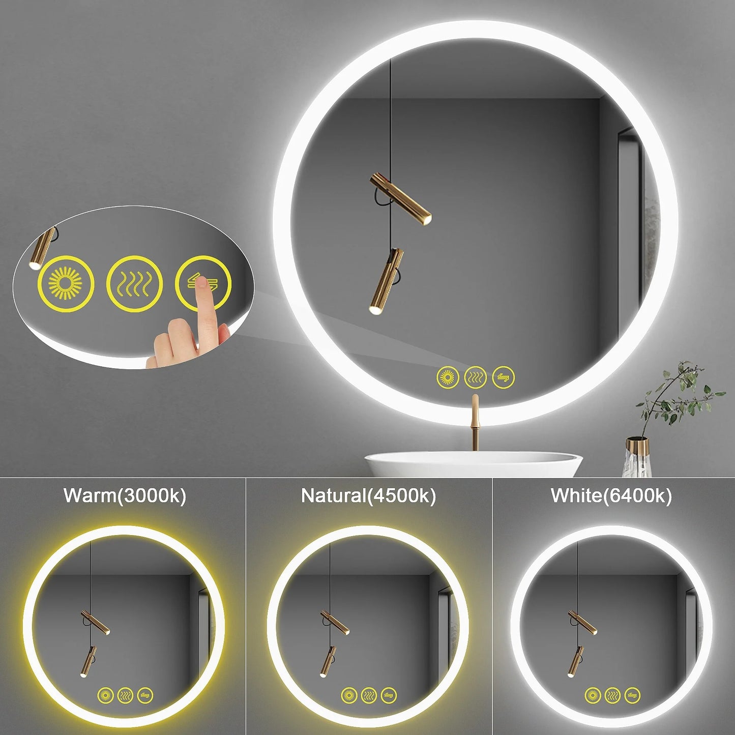 Brio Lighting SmartReflect Modern 32" Round LED Dimmable Anti-Fog Frameless Bathroom Vanity Mirror - Clear