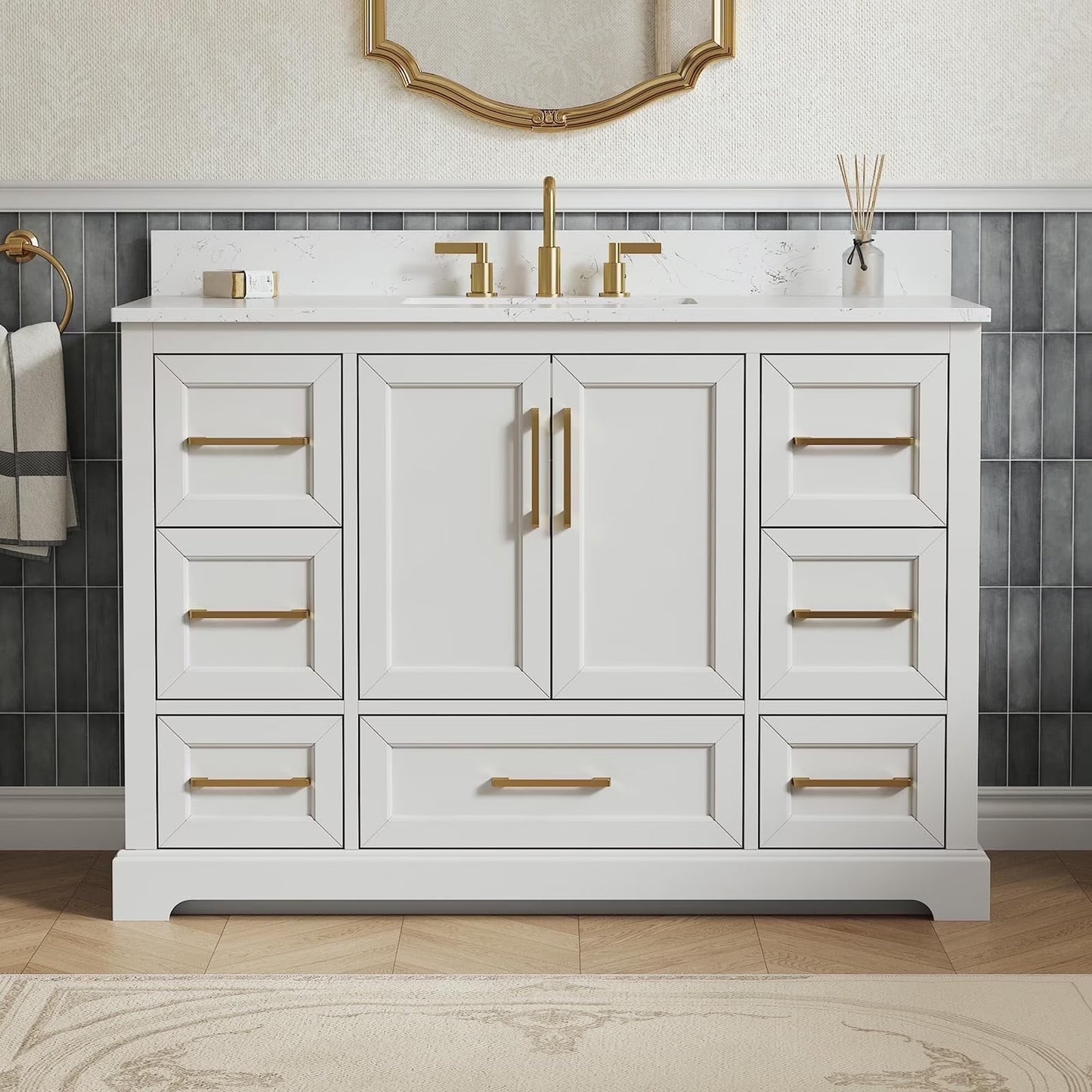 Deluxe Living 48" Bathroom Vanity with Marble Top, Fully-Assembled vanity with Ceramic Sink,Solid Wood Frame,Greige White