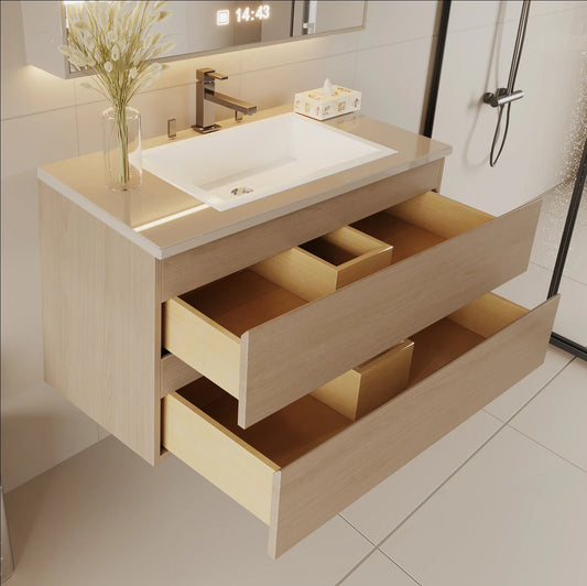 24" Width Wall-Mount Bathroom Vanity �?Modern Floating Vanity with Soft-Close Drawers, Laminate Doors, Plywood Construction, Cosmo Sand