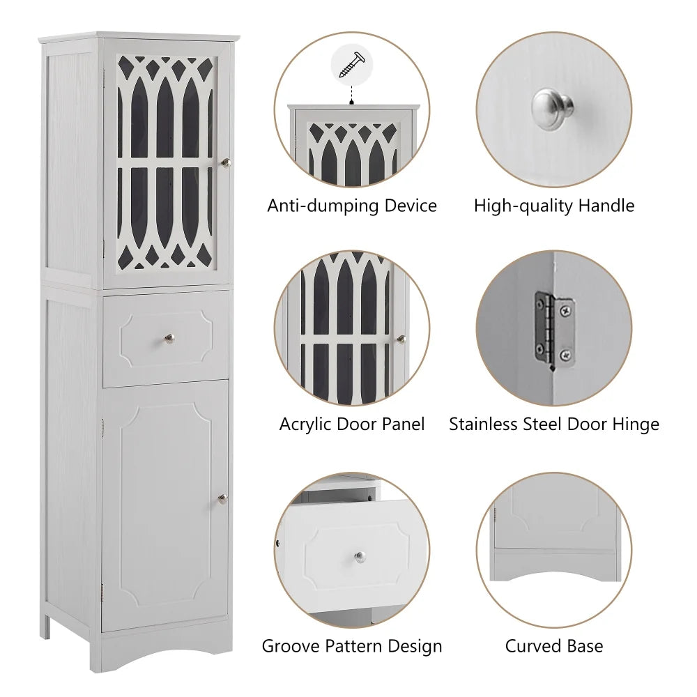 Tall Bathroom Storage Cabinet, Freestanding Storage Cabinet with Drawer and Double Acrylic Doors, Modern Bath Organizer Cabinet with Adjustable Shelf, White