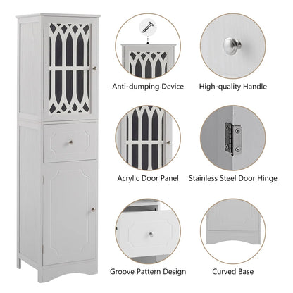 Tall Bathroom Storage Cabinet, Freestanding Storage Cabinet with Drawer and Double Acrylic Doors, Modern Bath Organizer Cabinet with Adjustable Shelf, White