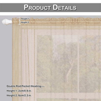 Lapalife 2 Panels Sheer Kitchen Curtains 36 inch Length Tier Curtains Rod Pocket Cafe Curtains Half Window Curtain for Bathroom Small Windows, Khaki