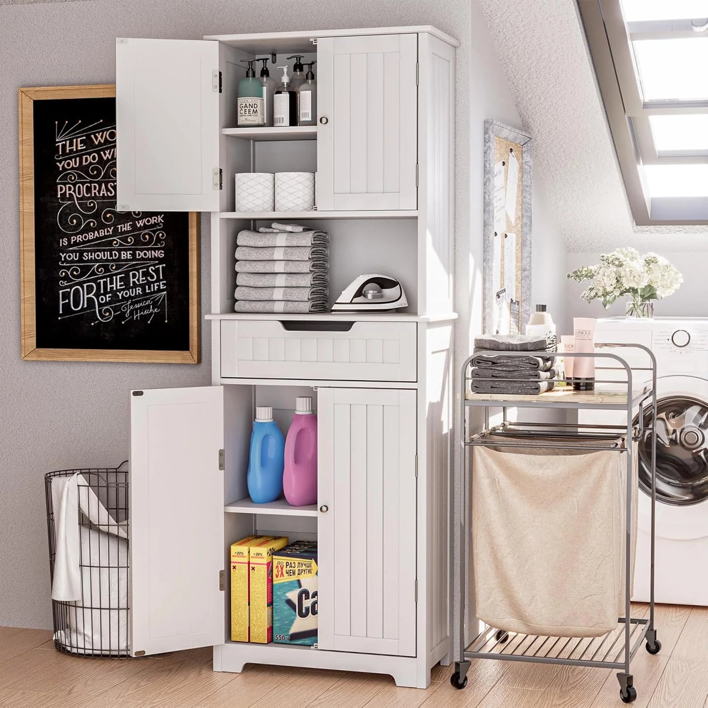 VVFLU Bathroom Storage Cabinet Tall, 67" Linen Cabinet Freestanding, Drawer Doors & Shelves, White