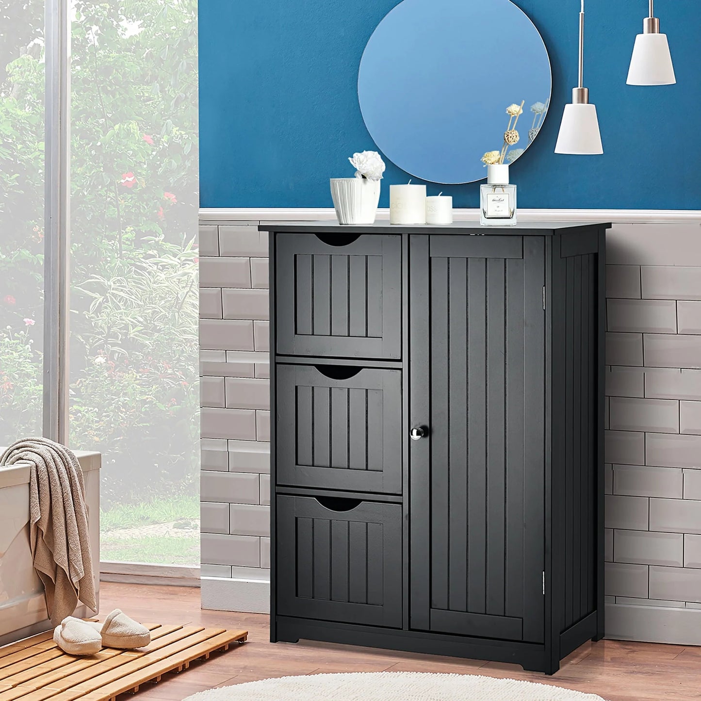 Costway Bathroom Floor Cabinet Side Storage Cabinet with 3 Drawers and 1 Cupboard Black