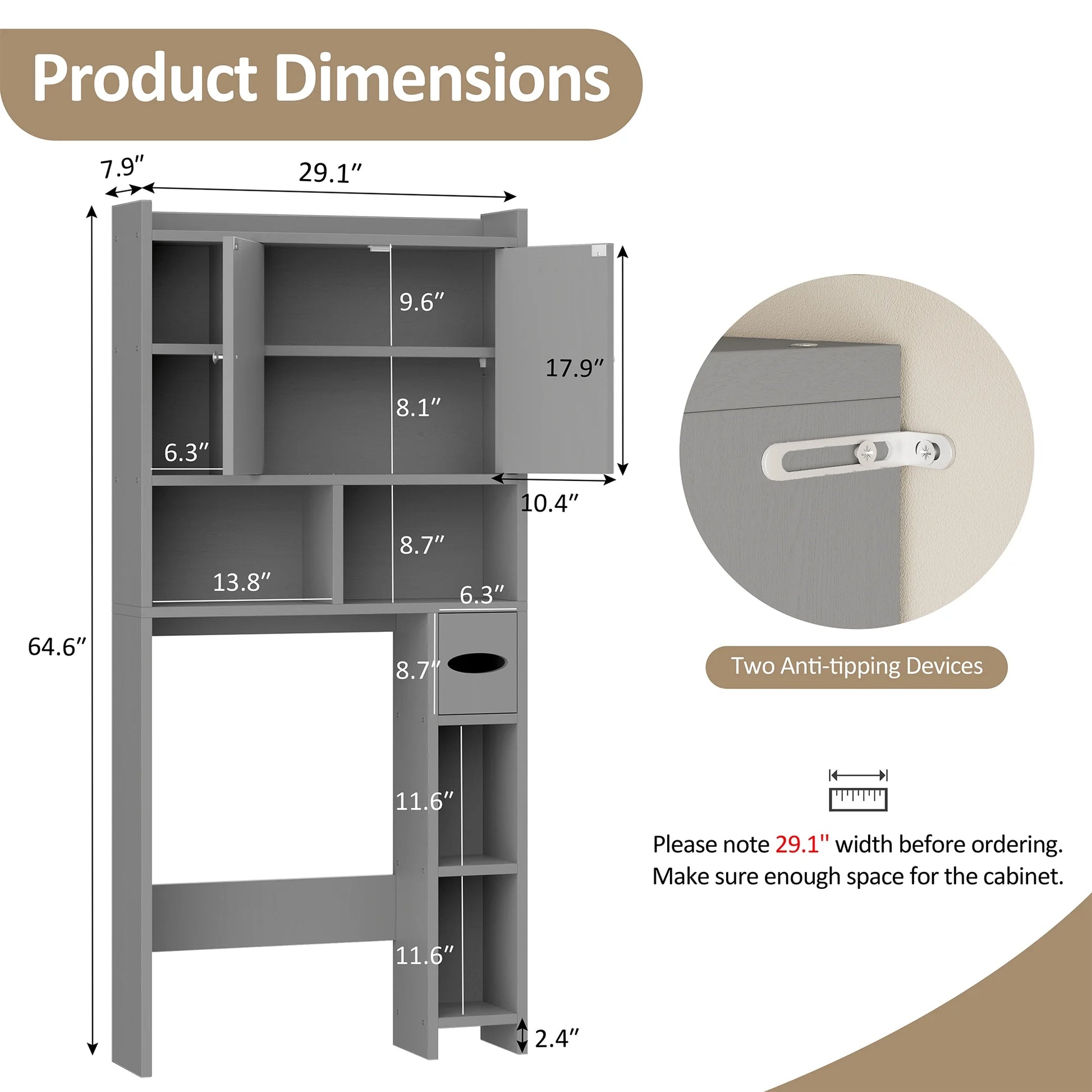 Walsunny Over the Toilet Storage Cabinets with Doors Side Shelves Toilet Paper Holder Stand Organizer Shelf Rack Space Saver above behind Toilet Freestanding for Bathroom Restroom Laundry Gray