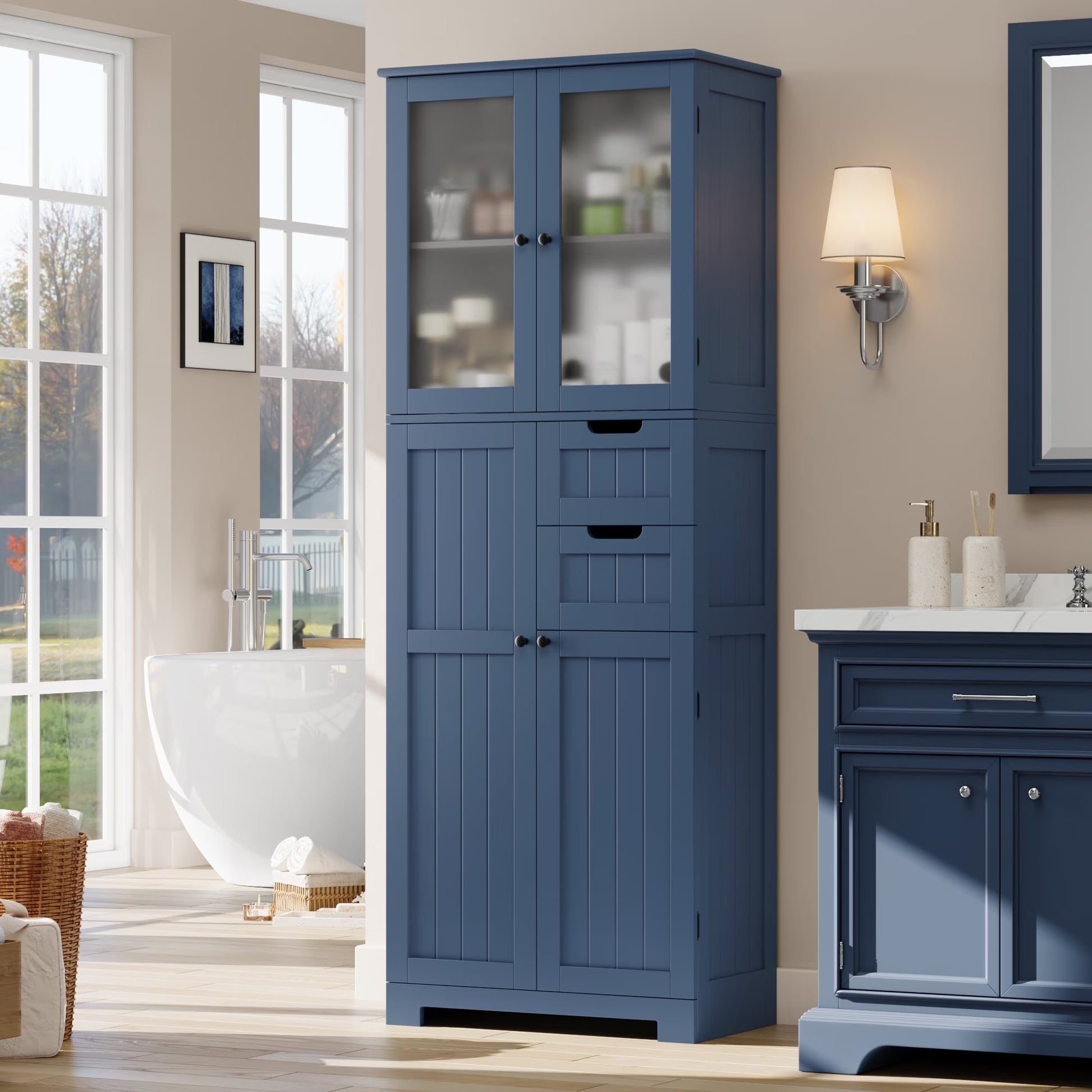 Homfa 67" Tall Bathroom Cabinet, White Linen Cabinet with Doors and Removable Drawers, Kitchen Cupboard