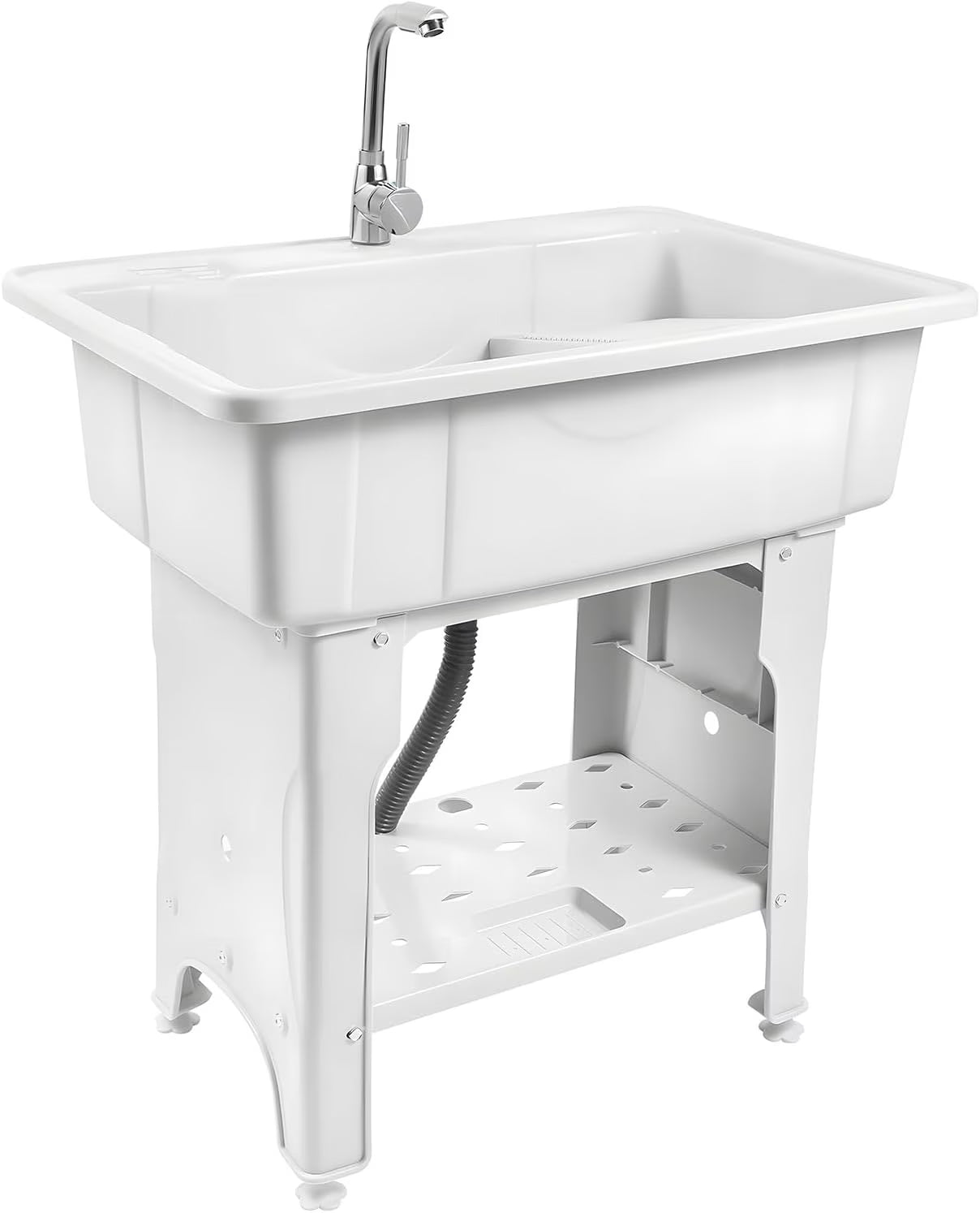 Utility Sink Laundry Tub,Freestanding Plastic Laundry Sink with Washboard, Slop Sink Garage Sink Portable Sink For Laundry Room, Garage, Bathroom, Kitchen (31.5in, White)