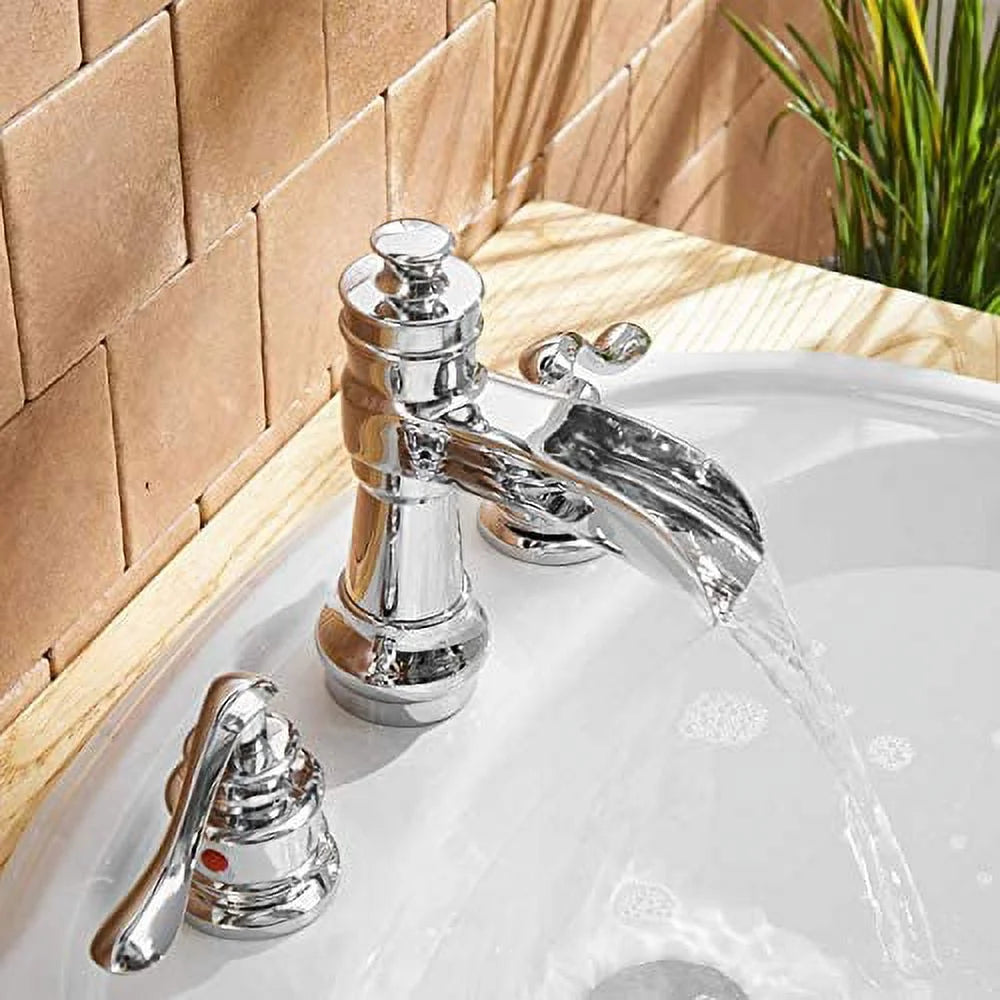 BWE 8 Inch Widespread Bathroom Faucet with Pop Up Drain with Overflow and Supply Line Waterfall 3 Holes Two-Handle Sink Faucets Lead-free Polished Chrome Lavatory Mixer Tap