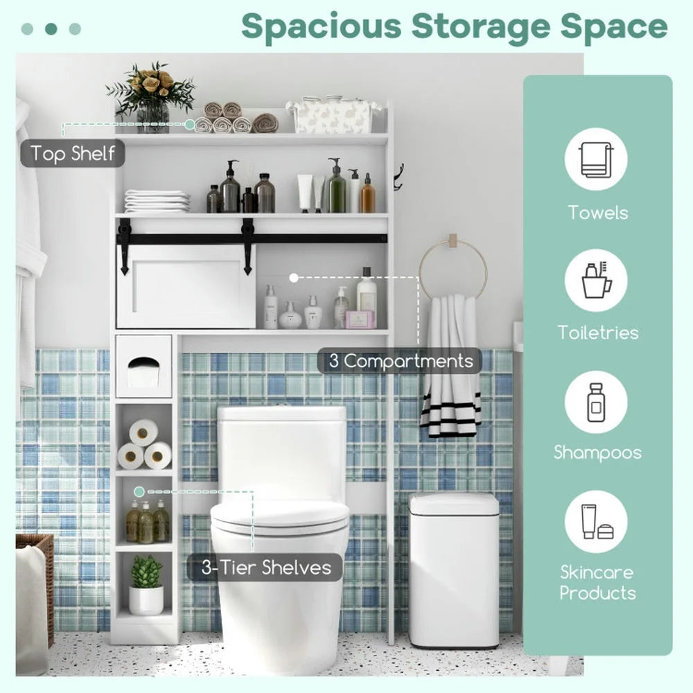 Topcobe Over The Toilet Storage Cabinet with Sliding Barn Door and Adjustable Shelves, Bathroom Furniture, Bathroom Shelves, White